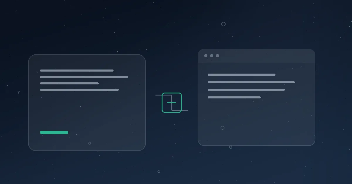 Abstrakte Grafik: geprüfter Entwurf und Praxissoftware-Fenster, verbunden durch ein grünes Symbol