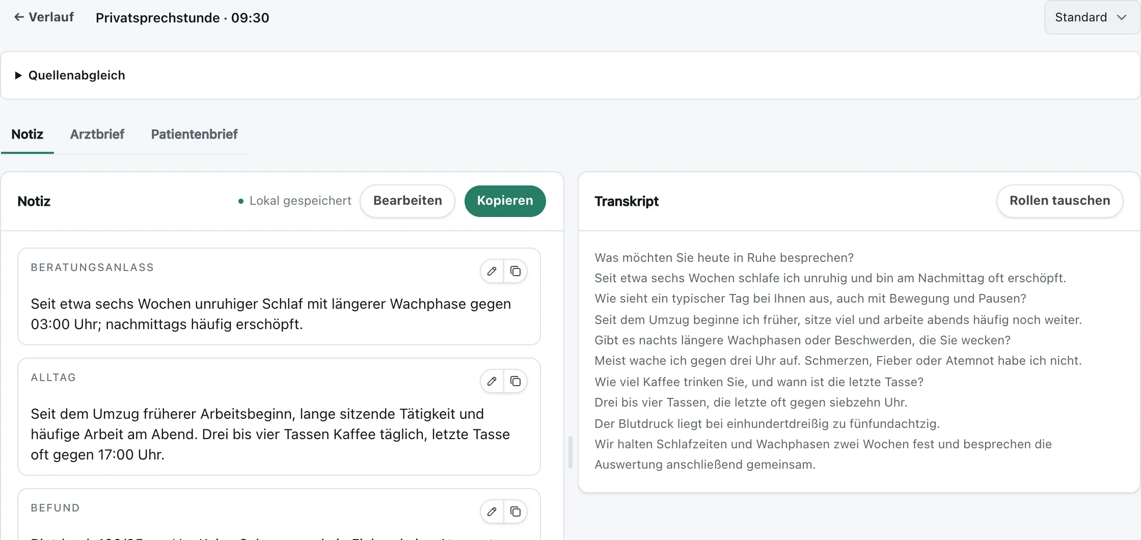KiPT Voice zeigt einen strukturierten Entwurf mit Abschnitten, die vor der Übernahme geprüft und bearbeitet werden können.